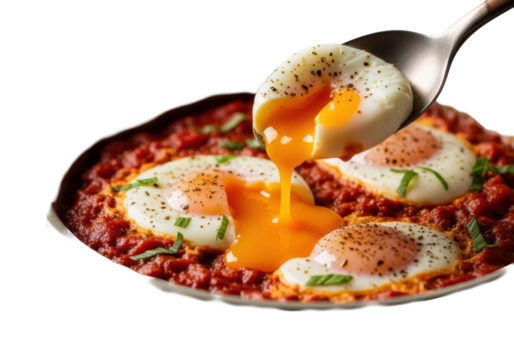 Extreme close-up of vibrant shakshuka in ceramic bowl, spoon breaking poached egg revealing runny yolk, transparent background, bokeh, warm light, appetizing food concept