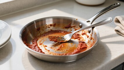 Empty Frying Pan With Remnants of Sauce and a Fork on a Kitchen Countertop in Natural Light