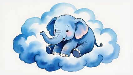 Cute Blue Elephant Resting on Fluffy Clouds in a Whimsical, Colorful Setting