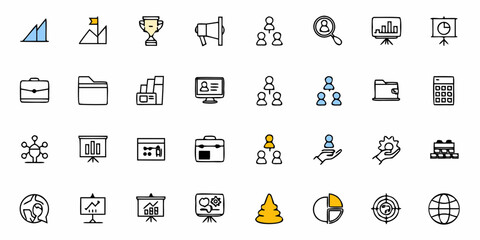 Fototapeta premium Collection of business and management icons representing various aspects of corporate activities and strategies
