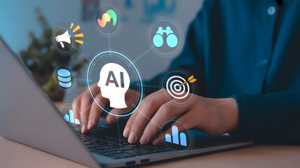 AI Integration: Person typing on a laptop, with AI and data science icons, representing the intersection of technology and human interaction.