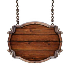 Naklejka premium Medieval wooden sign hanging on chains isolated on transparent or white background.