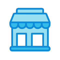Minimalist blue store front icon on black background