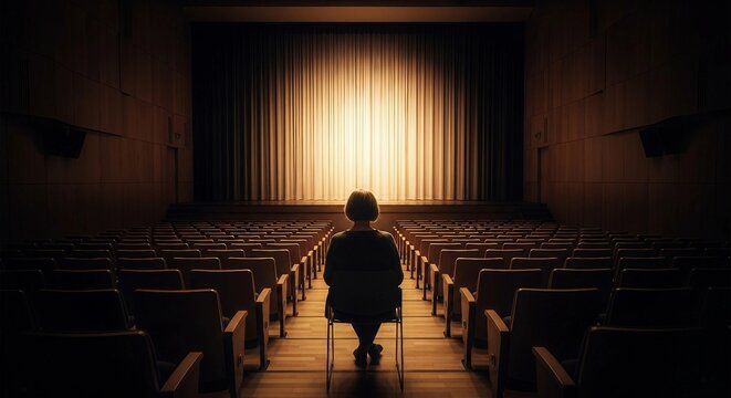 Empty Theater with Spotlight on Stage and Alone Audience Member | Dramatic Interior for Performance Arts, Event Planning, and Entertainment Industry Promotion