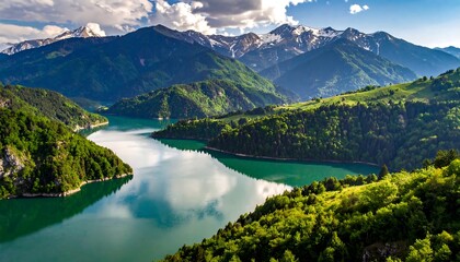 Serene mountain lake reflecting clouds
