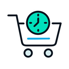 Shopping cart and clock vector icon for time management