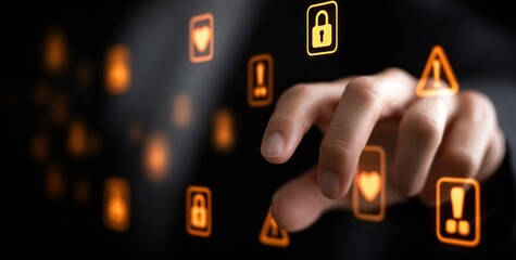 Hand interacts with digital icons floating in dark space, glowing with orange light, suggesting technology and interaction