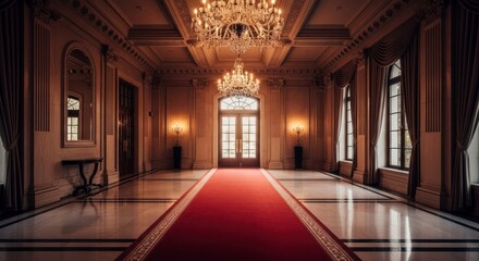 Elegant Hallway with Red Carpet and Chandeliers.