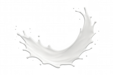Milk streaming, creating dynamic arc splash, highlighting beverage freshness against clean transparent backdrop for graphic design use