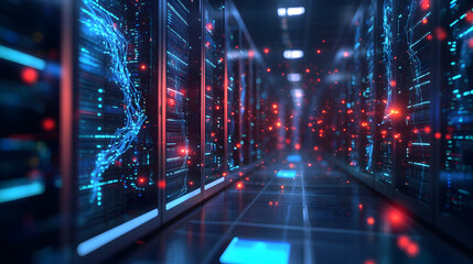 A server room with rows of servers displaying digital data and glowing lights in a dark environment