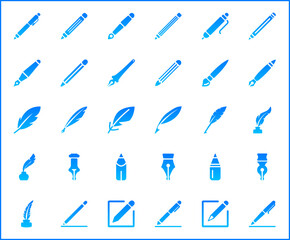 Simple Set of pen Related Vector Line Icons. Vector collection of pencil and quill pen, marker pen, stationery, writing, literature, pen nib symbols or logo elements in thin outline.