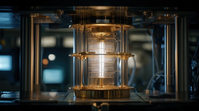 A sophisticated quantum computer core glows brightly, showcasing intricate wiring and advanced technology in a high-tech laboratory.