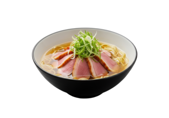 Meticulously prepared Kamo Ramen bowl with tender pink duck, green scallions, noodles, and golden shoyu broth, on a transparent studio background with soft bokeh. Culinary mastery concept