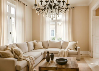 a cozy living room with a large sectional sofa, a wooden coffee table, and a chandelier. The room is decorated in neutral tones with large windows and soft curtains.