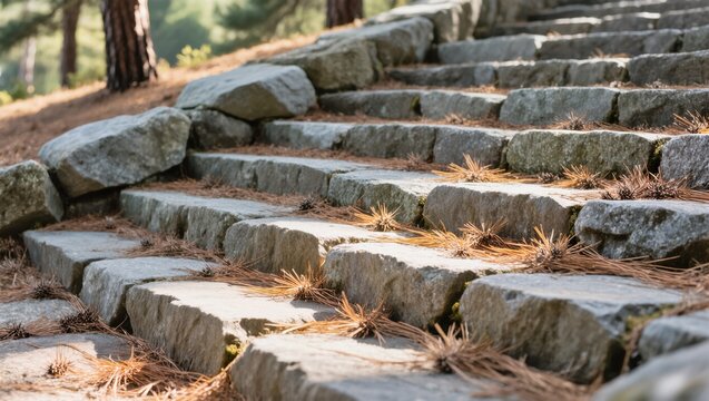 Stone Steps Lined With Pine Needles in a Tranquil Forest Setting During Late Afternoon - Powered by Adobe