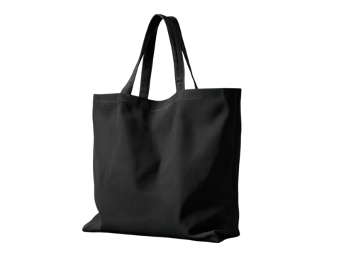 A dark gray tote bag, angled, with simple handles