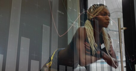Performing woman holding plank on bench in gym studio, with smartwatch and data charts, copy space