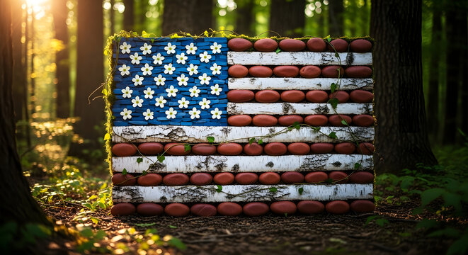 Eco American Flag with Stones and Flowers – Patriotic Art for Memorial Day, Independence Day, and Eco-Friendly Campaigns