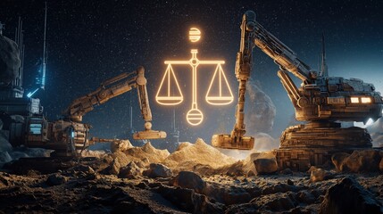 A futuristic scene depicting robotic arms on an alien landscape, balancing scales of justice against a cosmic backdrop.