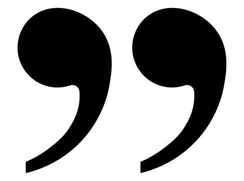 Double quotation marks icon for editorial pages, testimonials, and creative layouts, teardrop closing style with strong tail, bold black punctuation symbol for print and UI, PNG file