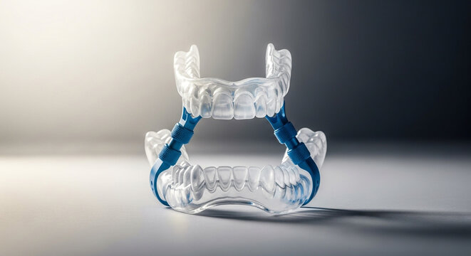 Professional clear dental mouthguard device designed for sleep apnea and snoring relief