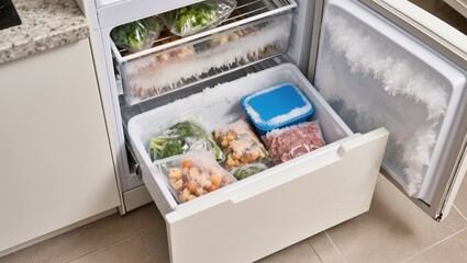 Froze Vegetables and Meat Stored in an Organized Fridge Freezer for Meal Preparation