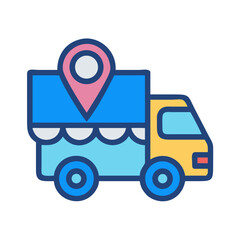 Delivery truck with location pin icon on black background