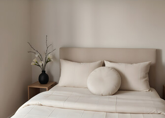 a neatly made bed with a neutral color scheme. A vase of flowers sits on a small bedside table.