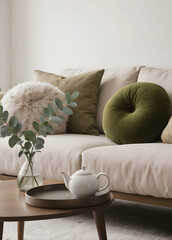 a cozy living room setting. A sofa with decorative pillows and a round wooden coffee table with a teapot and greenery are the main elements.