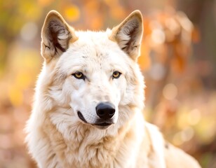 Naklejka premium A close-up portrait of a majestic, pale white wolf, its piercing amber eyes gazing directly at the viewer, set against a soft, golden-toned autumnal background.