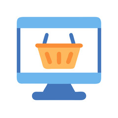 Online shopping basket on computer, isolated on black background