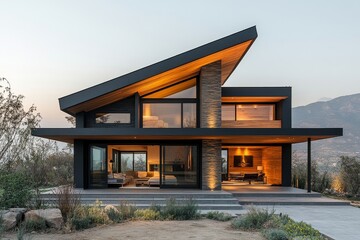 Modern minimalist ranch style private house with mono pitch roof. Walls decorated with timber wood cladding. Residential architecture exterior, Generative AI