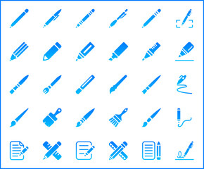 Simple Set of pen Related Vector Line Icons. Vector collection of pencil and quill pen, marker pen, stationery, writing, literature, pen nib symbols or logo elements in thin outline.