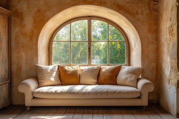 Beige elegant sofa against of arched window near brown stucco wa, Generative AI