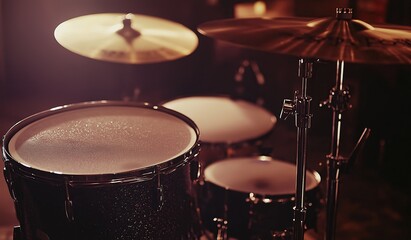 Obraz premium Close-up of drum kit showcasing rich textures and intricate details with focus on snare drum in foreground and other drums accentuating glossy surfaces and warm overhead glow ambiance