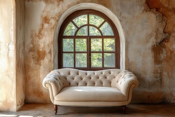 Beige elegant sofa against of arched window near brown stucco wa, Generative AI