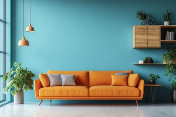 Vibrant orange sofa near blue wall with wooden cabinet and shelves. Scandinavian interior design of modern stylish living room. Created with, Generative AI