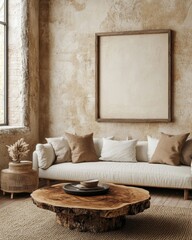 Rustic sofa and live edge coffee table against beige wall with big empty mock up poster frame. Scandinavian home interior design of modern living room in farmhouse, Generative AI