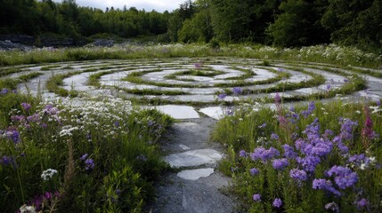 Stone spiral labyrinth amidst wildflowers, forest backdrop. Peaceful, serene scene. Pathway entrance visible