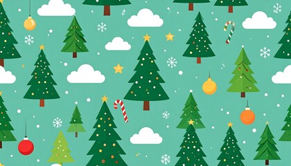 Christmas tree pattern background with ornaments, clouds, and snowflakes