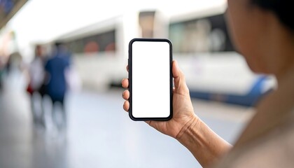 Person holding a smartphone with blank screen outdoors