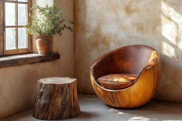 Hand-crafted barrel chair made from solid wood and stump coffee table near grunge stucco wall and window. Rustic style interior design of modern living room in farmhouse, Generative AI