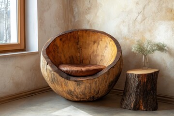 Hand-crafted barrel chair made from solid wood and stump coffee table near grunge stucco wall and window. Rustic style interior design of modern living room in farmhouse, Generative AI