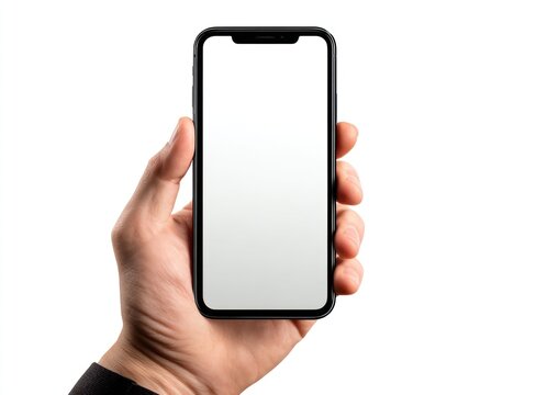 Hand holding a smartphone with a blank white screen, against a white backdrop. The hand wears a black shirt cuff - Powered by Adobe