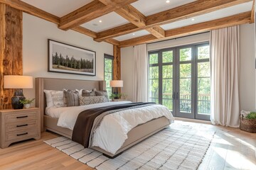 Ceiling with wooden beams and lining. Rustic interior design of modern bedroom with log columns in farmhouse. Created with, Generative AI
