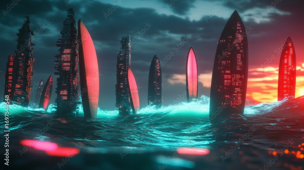 Wall mural futuristic seascape featuring glowing structures and turbulent waters. a captivating blend of light 
