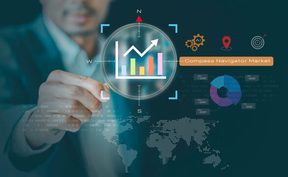 Businessmen use AI assistants to Help Analyze Information growth graphs with navigation compass and define marketing direction, planning for business finance investment technology digital marketing