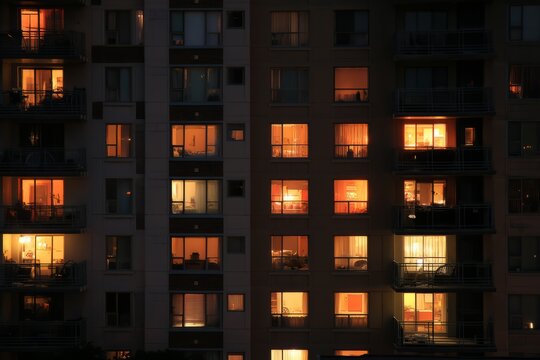 A quiet night view of an apartment complex Soft lights glow from kitchen windows The mood feels warm and restful, Generative AI