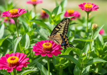 Obraz premium Vibrant Yellow Butterfly Pollinating Bright Pink Zinnia Flowers