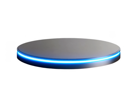 Round silver platform glows with vibrant blue neon light 